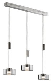 Moderne Pendelleuchte Lavin mit drei zylindrischen Lampenschirmen aus Glas, aufgehängt an einem rechteckigen Deckenbalken. Seitenansicht.