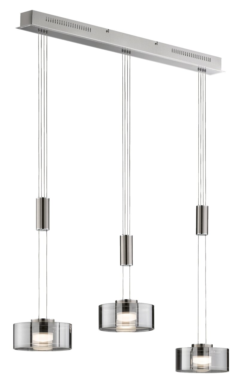 Moderne Pendelleuchte Lavin mit drei zylindrischen Lampenschirmen aus Glas, aufgehängt an einem rechteckigen Deckenbalken. Seitenansicht.