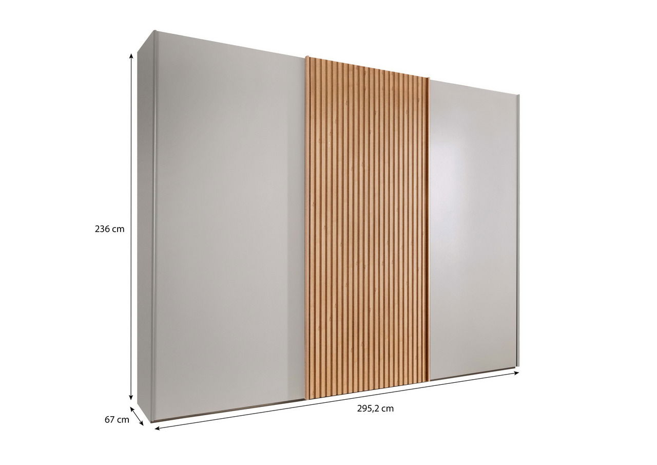 Schwebetürenschrank mit grauen Türen und einer mittleren Holzleiste, seitliche Perspektive