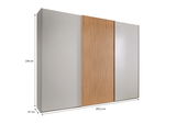 Schwebetürenschrank mit grauen Türen und einer mittleren Holzleiste, seitliche Perspektive