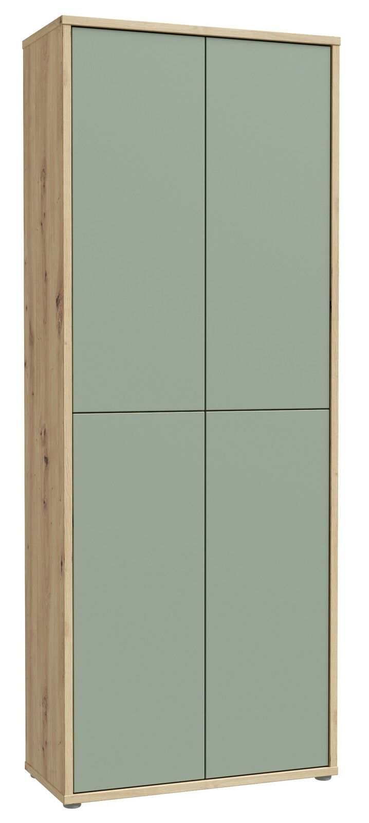 Hoher XL-Schuhschrank mit vier Türen in Holzoptik und grüner Front, seitliche Perspektive