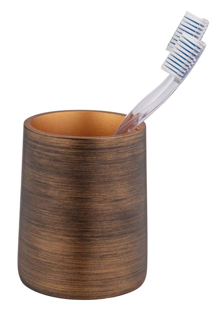 Zahnputzbecher Palena in Bronze mit Zahnbürste, seitliche Perspektive