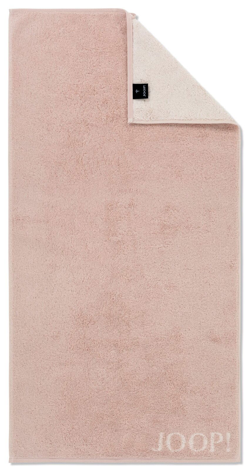 JOOP! Duschtuch DOUBLEFACE Duschtuch in zartem Rosa mit umgeschlagener Ecke, zeigt das Etikett und die Marke JOOP! in der unteren rechten Ecke. Draufsicht.