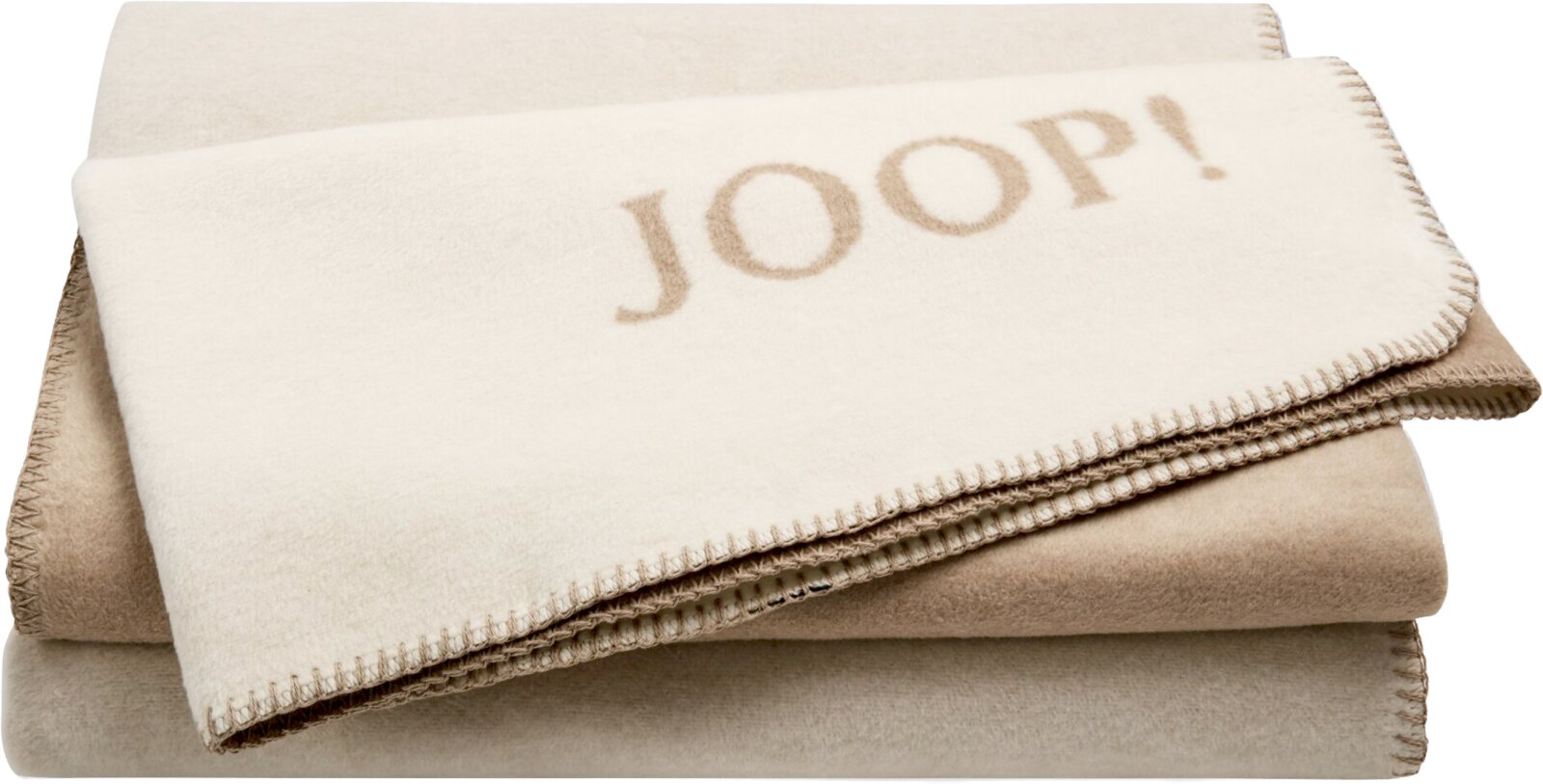 JOOP! Wohndecke 150x200cm Stapel aus drei gefalteten, zweifarbigen Wohndecken in Beige und Creme mit Zierstichkante, obere Decke mit „JOOP!“ Schriftzug, fotografiert in schräger Draufsicht