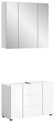 Badezimmerschrank-Kombination mit Spiegelschrank und Unterschrank in weißer Hochglanzoptik, frontale Perspektive