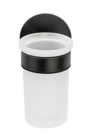 Zahnputzbecherhalter Uno Melet aus mattem Glas und schwarzem Metall, frontal abgebildet.