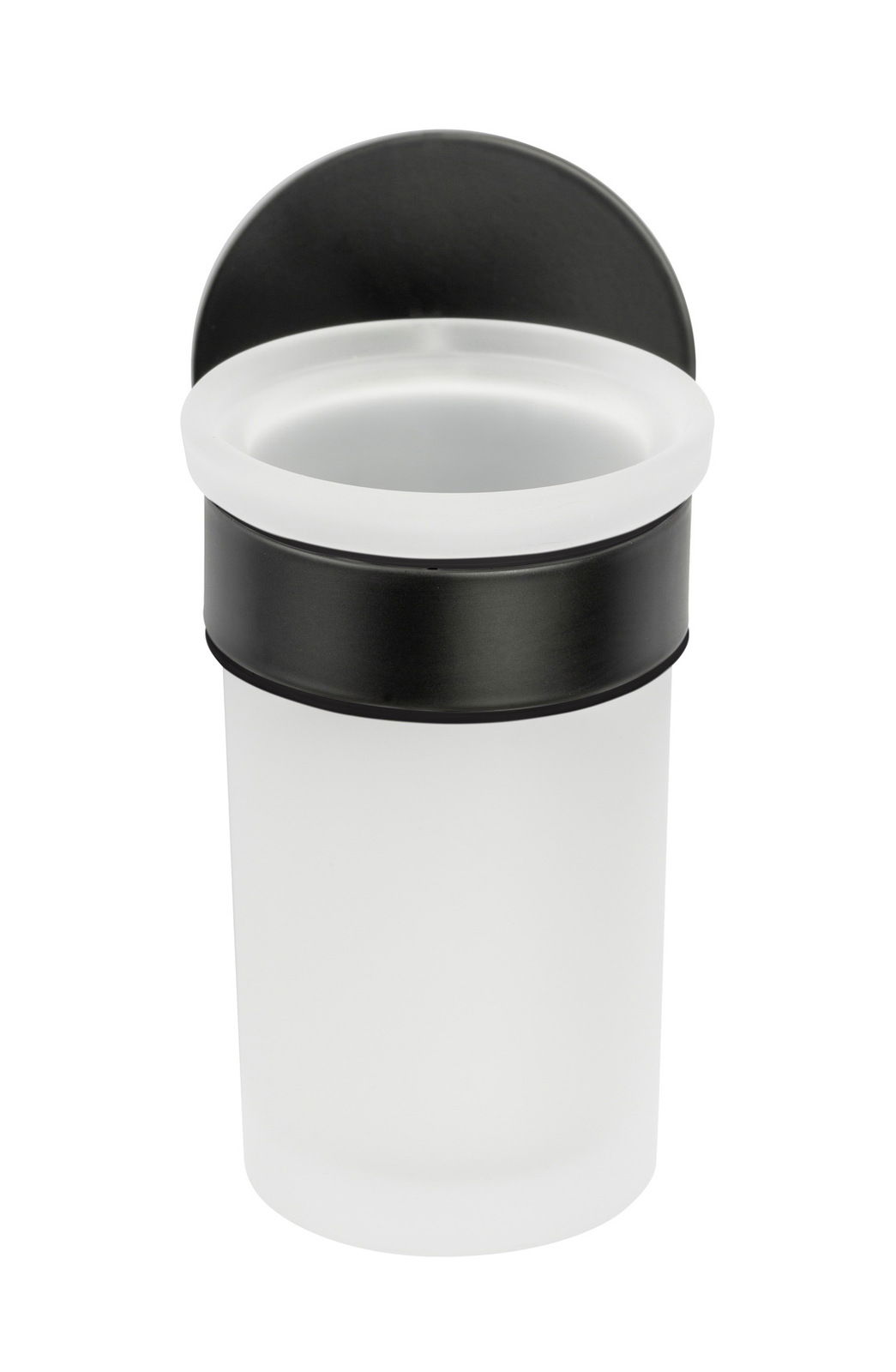 Zahnputzbecherhalter Uno Melet aus mattem Glas und schwarzem Metall, frontal abgebildet.