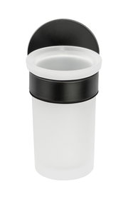 Zahnputzbecherhalter Uno Melet aus mattem Glas und schwarzem Metall, frontal abgebildet.