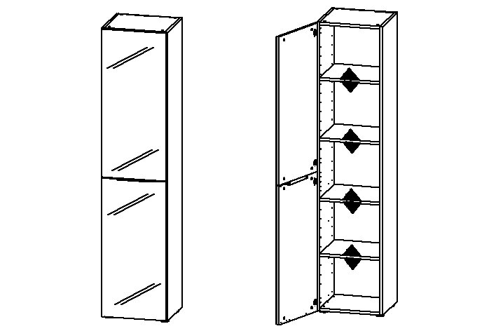 Stauraumschrank 45cm mit geschlossener und geöffneter Türansicht, zeigt mehrere Regalböden im Inneren.