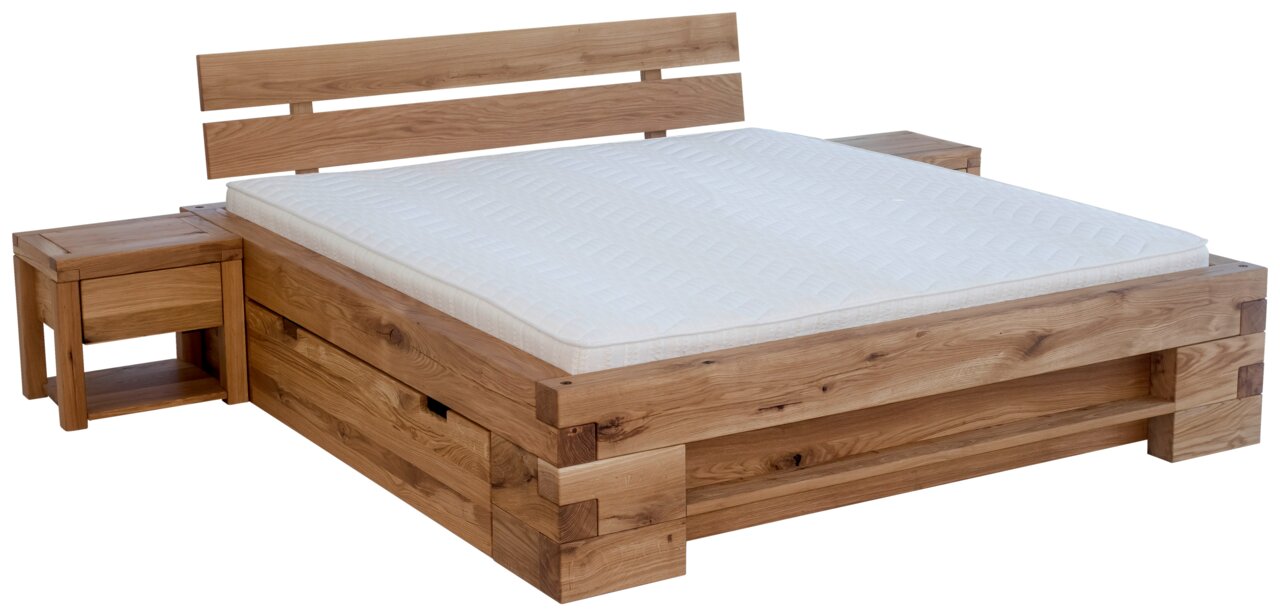 Holzbett mit integriertem Nachttisch, seitliche Perspektive