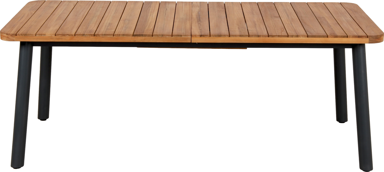 Gartenausziehtisch aus Holz mit Metallbeinen, frontal fotografiert