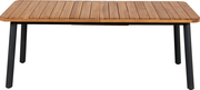 Gartenausziehtisch aus Holz mit Metallbeinen, frontal fotografiert