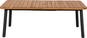Gartenausziehtisch aus Holz mit Metallbeinen, frontal fotografiert