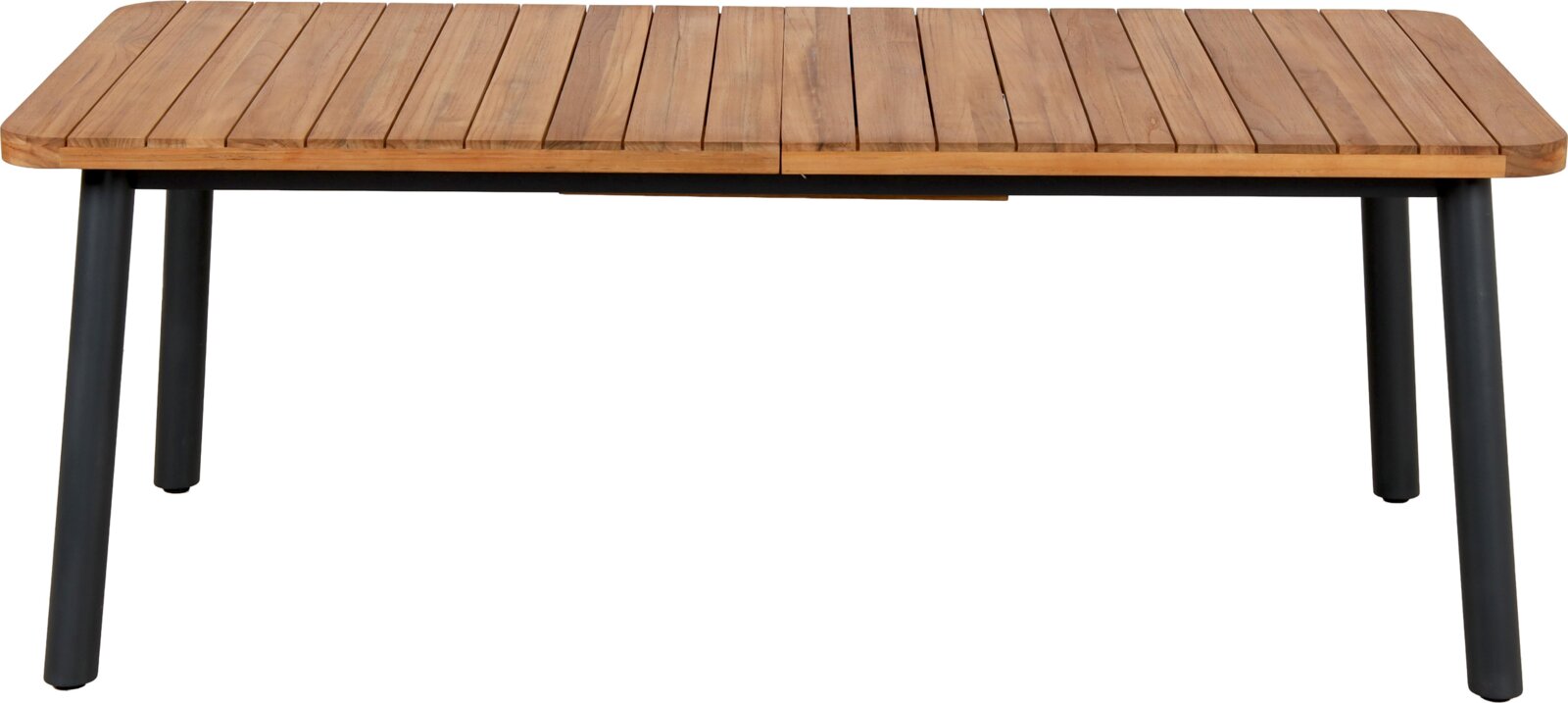 Gartenausziehtisch aus Holz mit Metallbeinen, frontal fotografiert
