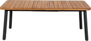 Gartenausziehtisch aus Holz mit Metallbeinen, frontal fotografiert