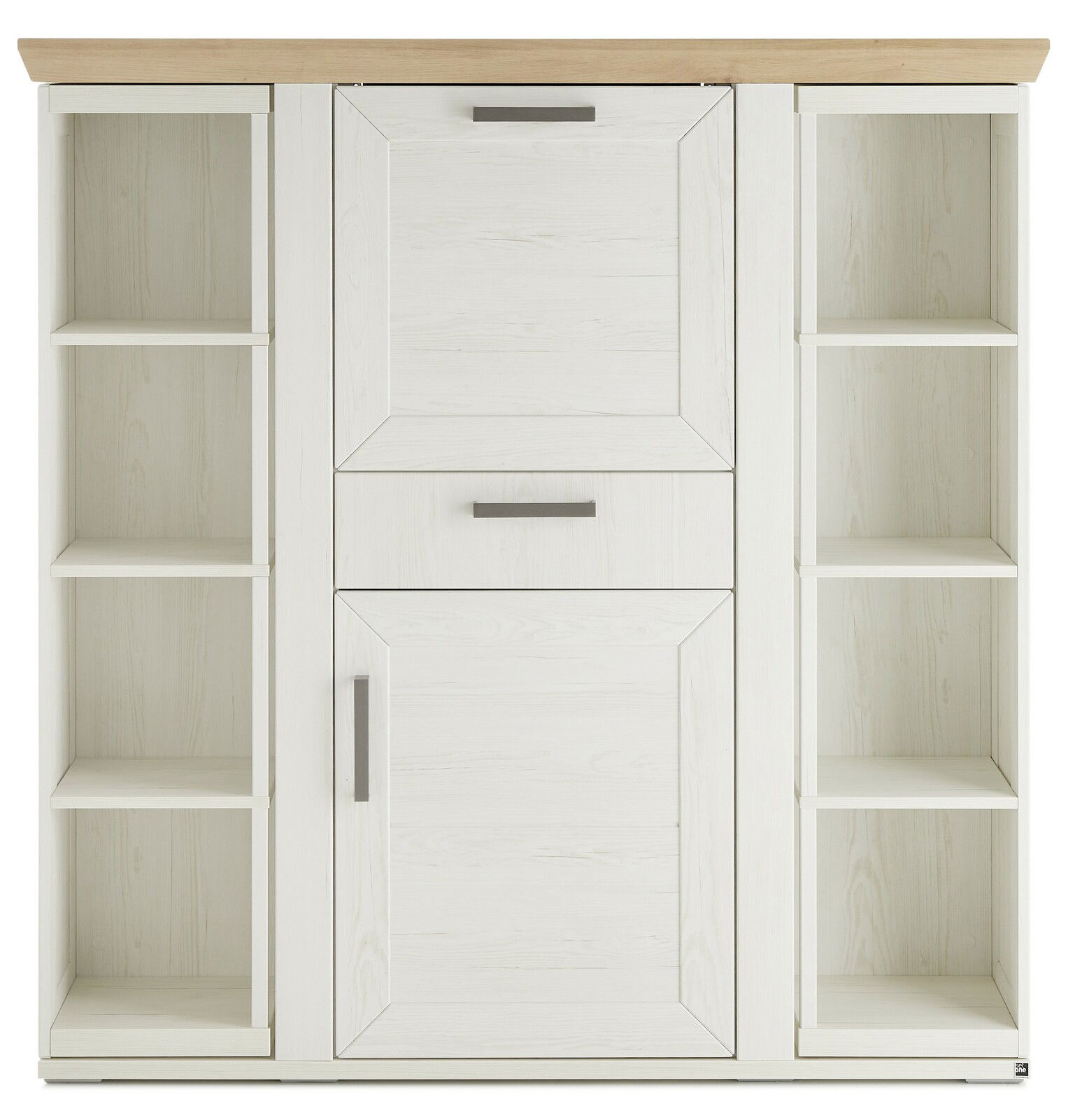 Frontansicht eines weißen Highboards mit Karussell, offenen Regalen und Schubladen, Holzoberfläche.