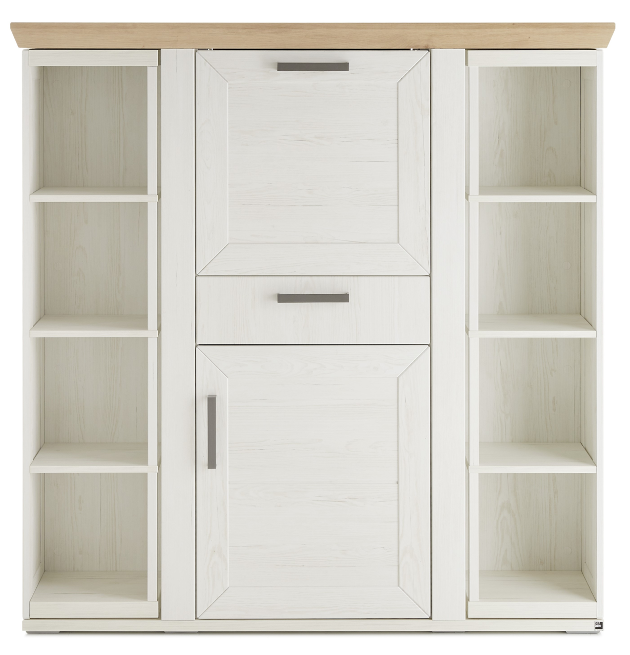 Frontansicht eines weißen Highboards mit Karussell, offenen Regalen und Schubladen, Holzoberfläche.