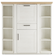 Frontansicht eines weißen Highboards mit Karussell, offenen Regalen und Schubladen, Holzoberfläche.