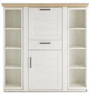 Frontansicht eines weißen Highboards mit Karussell, offenen Regalen und Schubladen, Holzoberfläche.