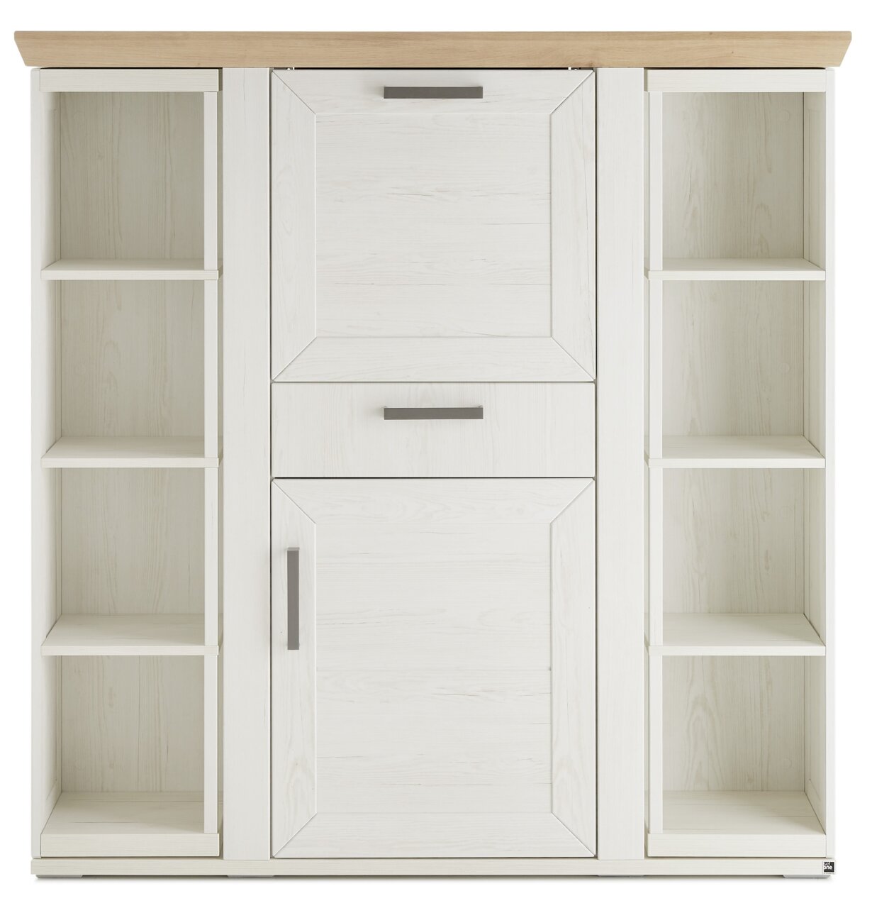 Frontansicht eines weißen Highboards mit Karussell, offenen Regalen und Schubladen, Holzoberfläche.