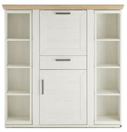 Frontansicht eines weißen Highboards mit Karussell, offenen Regalen und Schubladen, Holzoberfläche.