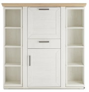 Frontansicht eines weißen Highboards mit Karussell, offenen Regalen und Schubladen, Holzoberfläche.