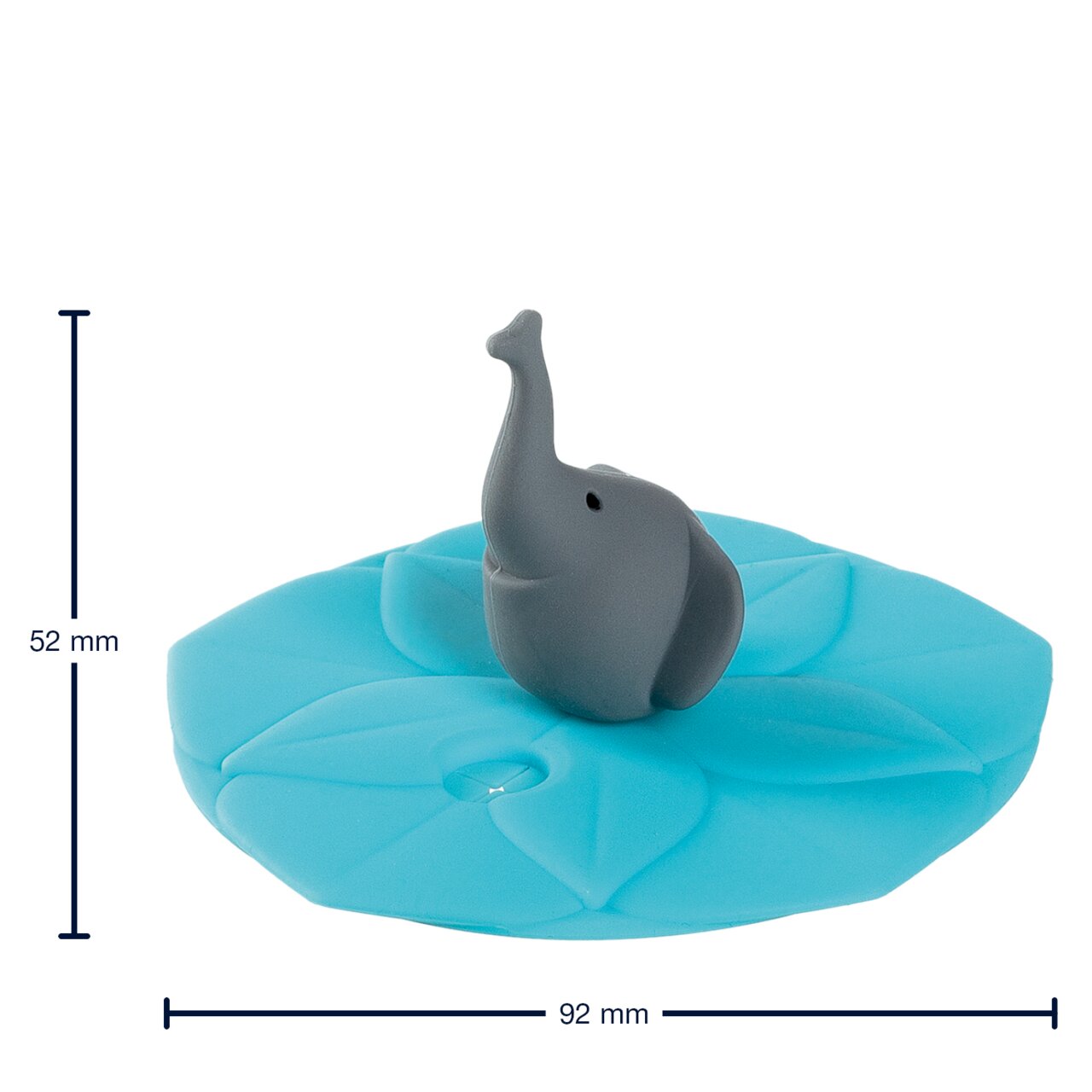Grauer Elefant auf einem blauen Blatt, seitliche Perspektive, 52 mm hoch und 92 mm breit.