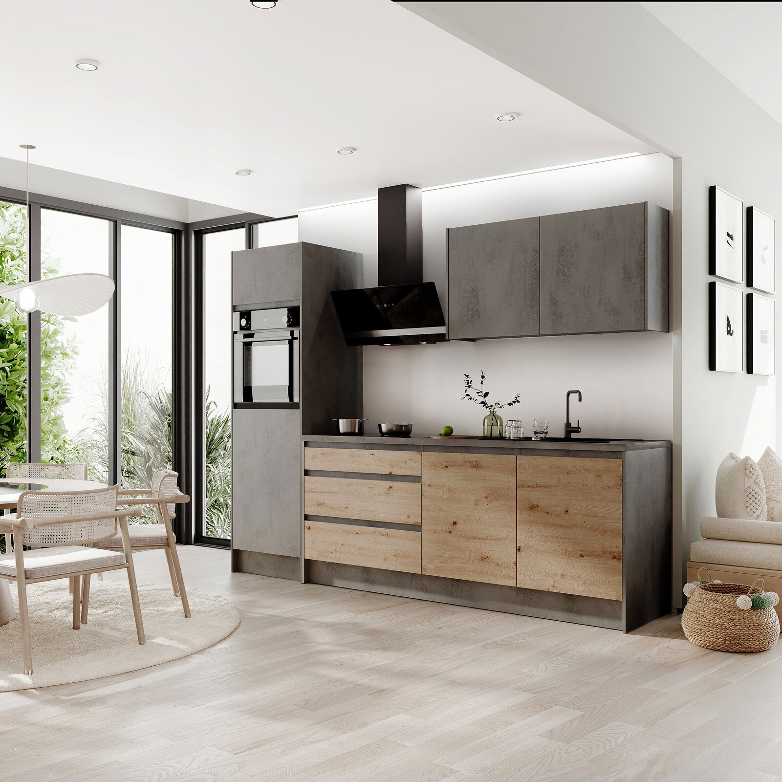 Yourkitchen Küchenblock 273 OHNE E-Geräte TROJA Moderne Küchenzeile in einem hellen Raum mit großen Fenstern, grauen und holzfarbenen Schränken, ohne Elektrogeräte, aus seitlicher Perspektive.