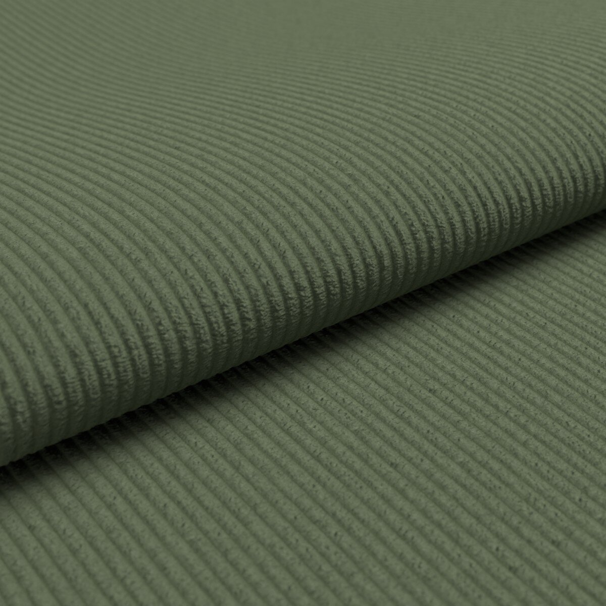 Close-up schuin bovenaanzicht van olijfgroene ribfluweelstof met fijne ribbels, deels opgerold