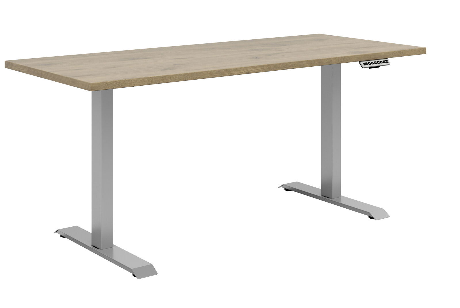 Moderner E-Schreibtisch mit Holzoberfläche und silbernen Metallbeinen, seitliche Perspektive