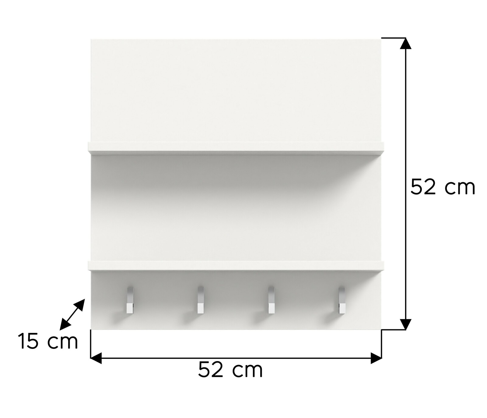 Weißes Paneel mit zwei Regalböden und vier Haken, Vorderansicht, Maße 52 cm x 52 cm x 15 cm