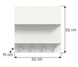 Weißes Paneel mit zwei Regalböden und vier Haken, Vorderansicht, Maße 52 cm x 52 cm x 15 cm