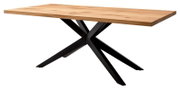 Moderne eettafel met houten blad en zwart metalen onderstel, zijaanzicht