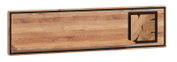 Moderne wandplank van licht massief hout met een zwart frame en een geïntegreerd legplankje, rechthoekig ontwerp met een detail van een houtdoorsnede aan de rechterkant, vooraanzicht licht van bovenaf tegen een witte achtergrond