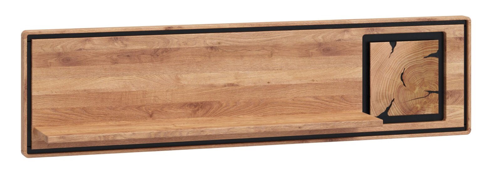 Moderne wandplank van licht massief hout met een zwart frame en een geïntegreerd legplankje, rechthoekig ontwerp met een detail van een houtdoorsnede aan de rechterkant, vooraanzicht licht van bovenaf tegen een witte achtergrond