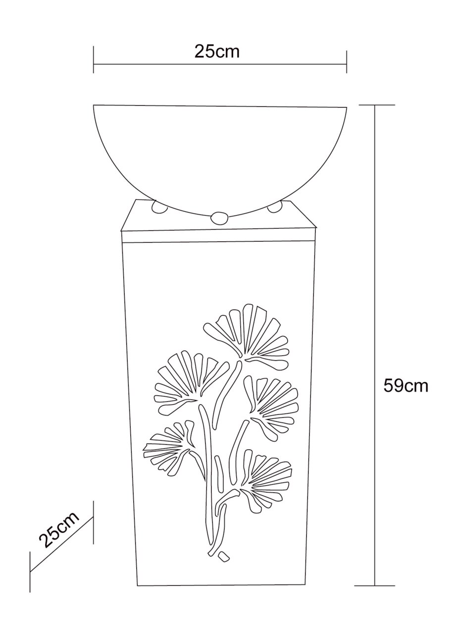 Solarleuchte mit floralem Muster, Seitenansicht, 59 cm hoch und 25 cm breit.