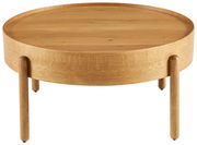 Runder Couchtisch aus Holz mit drei Beinen, seitliche Perspektive