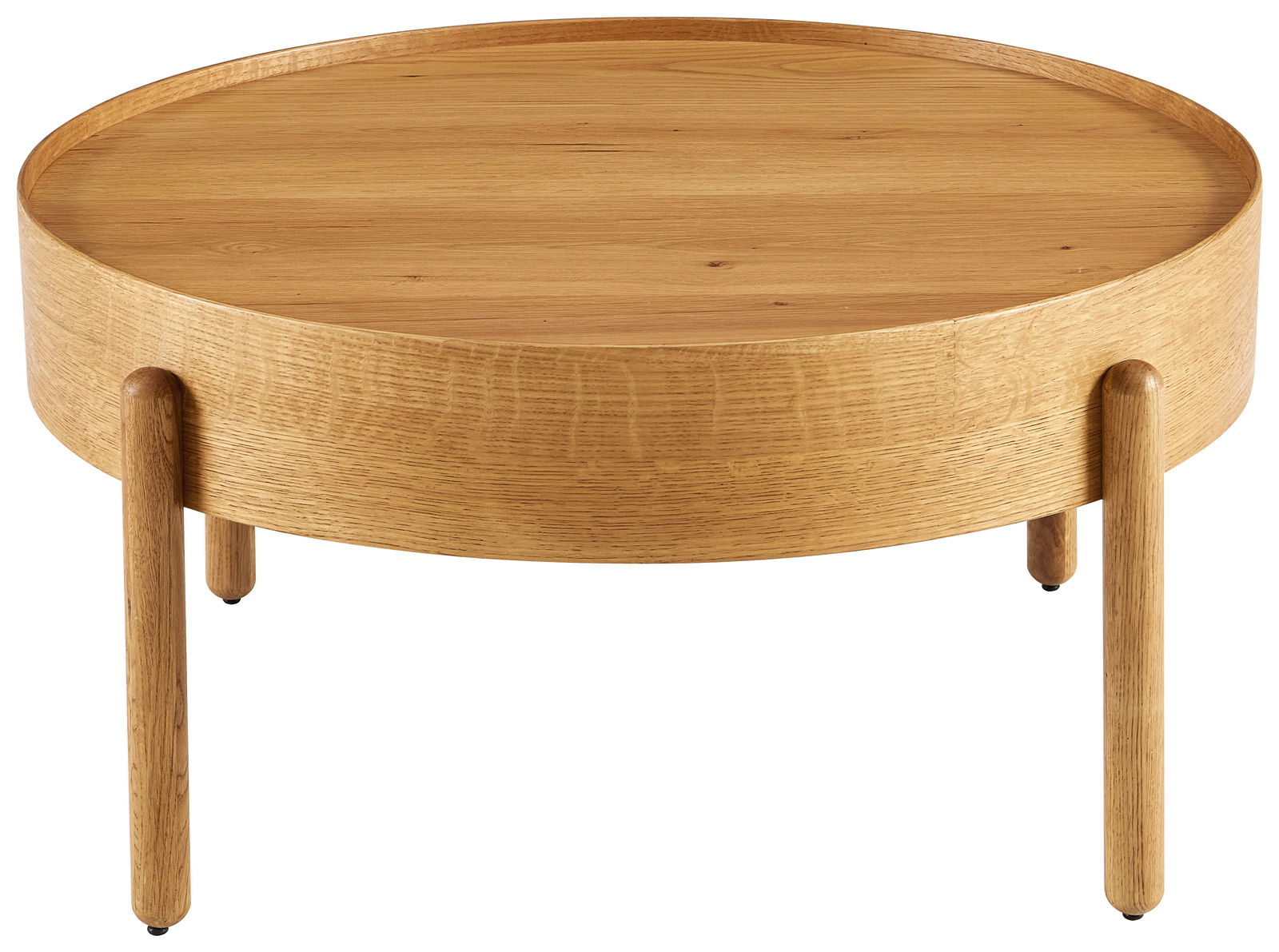 Runder Couchtisch aus Holz mit drei Beinen, seitliche Perspektive