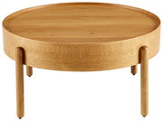 Runder Couchtisch aus Holz mit drei Beinen, seitliche Perspektive