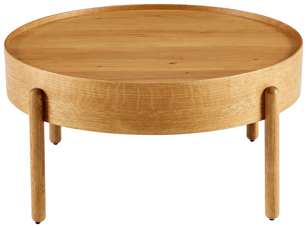 Runder Couchtisch aus Holz mit drei Beinen, seitliche Perspektive