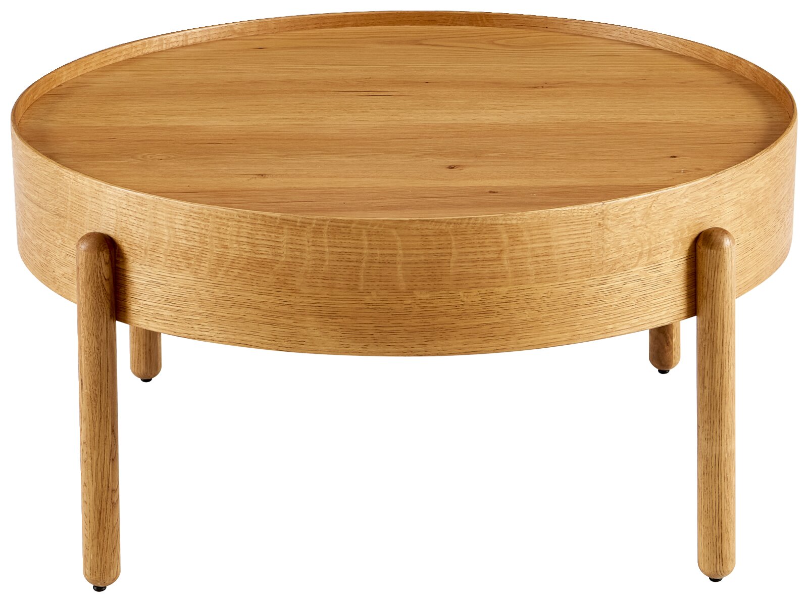 Runder Couchtisch aus Holz mit drei Beinen, seitliche Perspektive