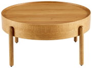 Runder Couchtisch aus Holz mit drei Beinen, seitliche Perspektive