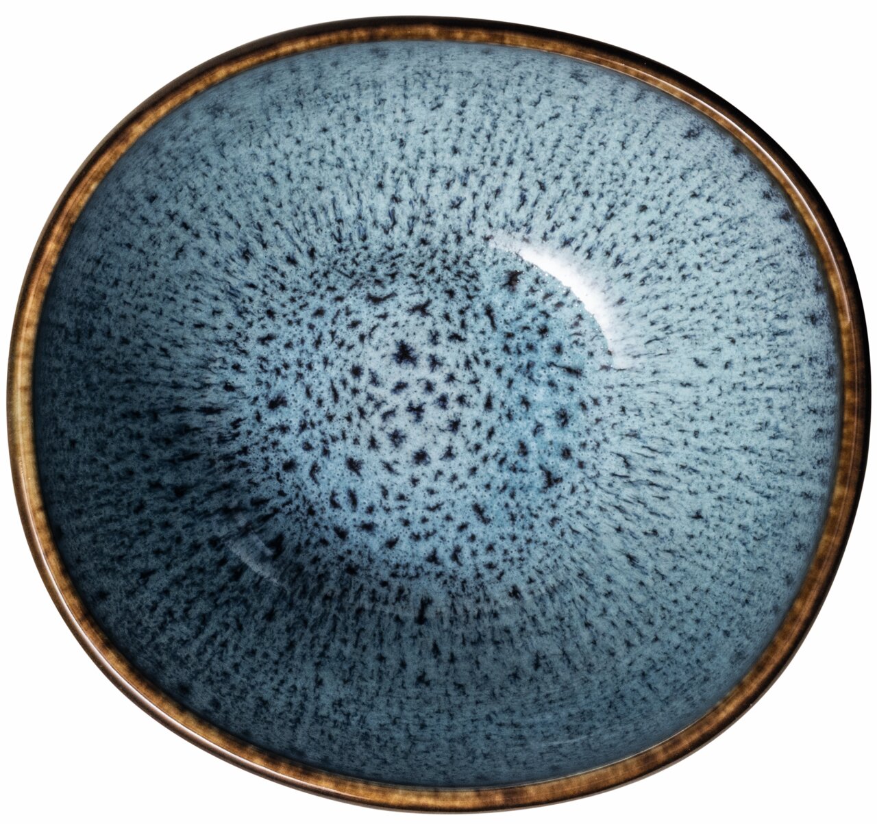 Blauwe dessertschaal Lave met gespikkeld patroon, gezien van bovenaf.
