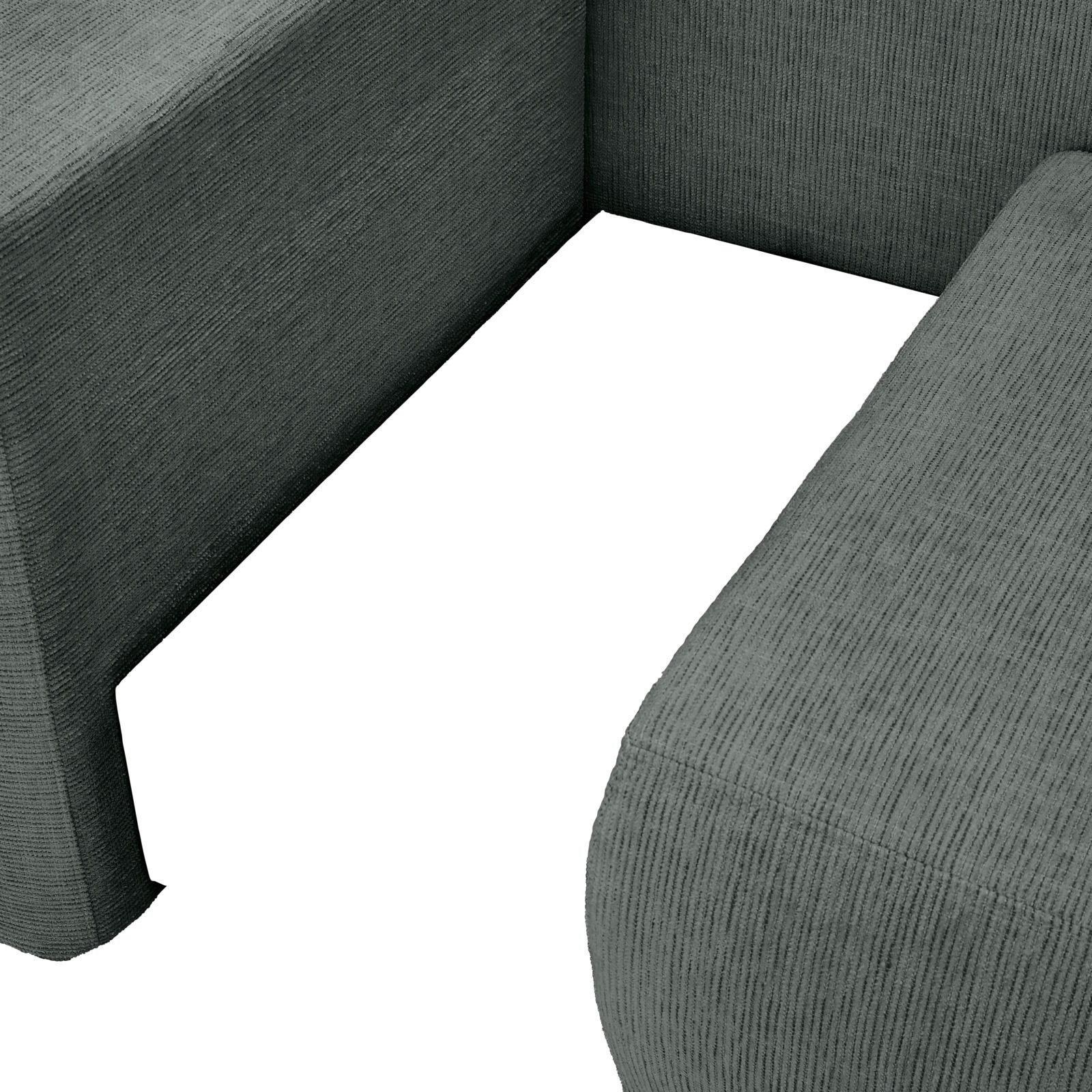 Nahaufnahme einer grauen Recamiere mit strukturiertem Stoffbezug, Blick auf die Ecke der Sitzfläche.