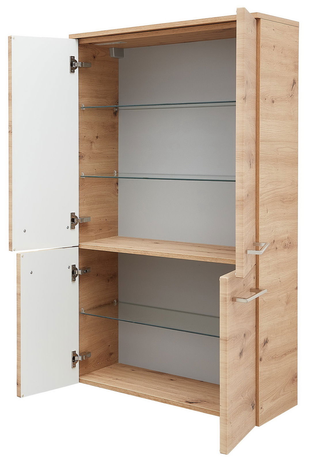 Midischrank aus Holz mit zwei geöffneten Türen, Glasböden und seitlicher Perspektive