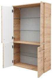 Midischrank aus Holz mit zwei geöffneten Türen, Glasböden und seitlicher Perspektive