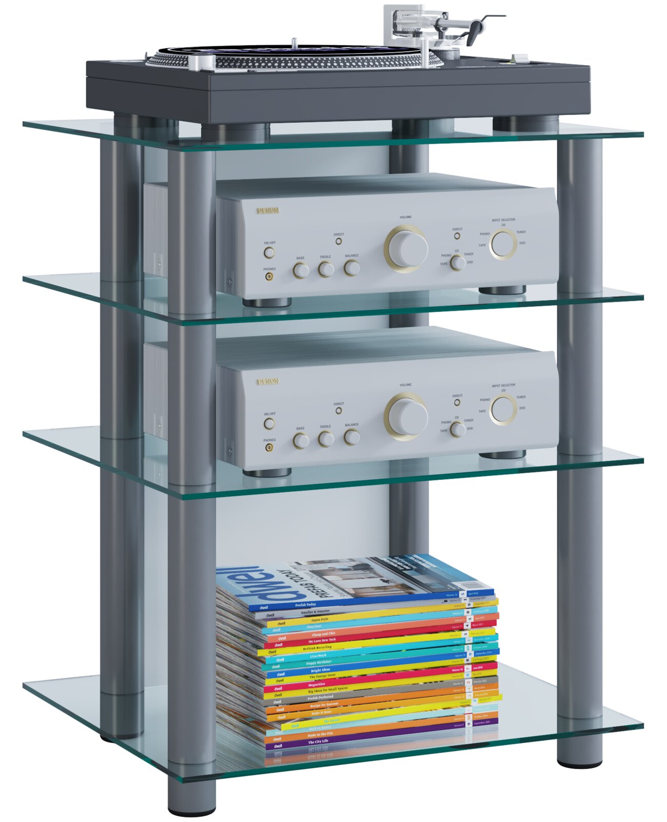Mehrstöckiges HiFi-Rack mit Glasböden und silbernen Metallstützen, oben mit Plattenspieler, darunter zwei Verstärker und unten Zeitschriftenstapel, perspektivische Ansicht von schräg vorne.