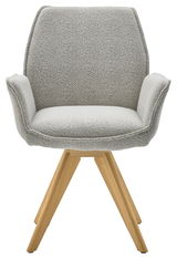 Grauer Armlehnstuhl mit Holzbeinen, Frontalansicht