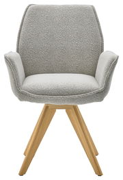 Grauer Armlehnstuhl mit Holzbeinen, Frontalansicht