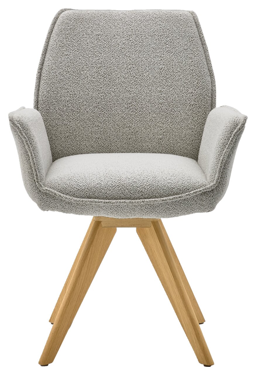 Grauer Armlehnstuhl mit Holzbeinen, Frontalansicht